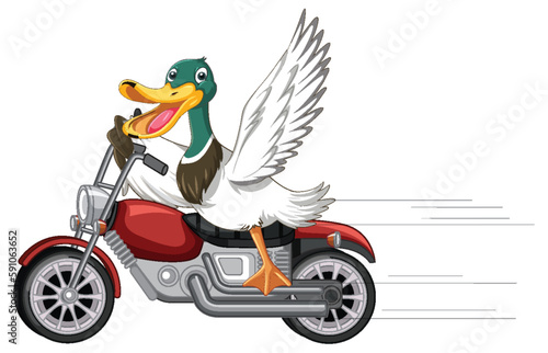 Duck riding motorcycle in cartoon style