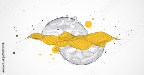 Sphere  theme with connected lines in technology style background. Wireframe illustration. Abstract 3d grid design.