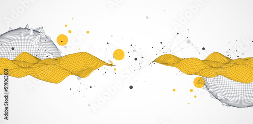 Sphere  theme with connected lines in technology style background. Wireframe illustration. Abstract 3d grid design.