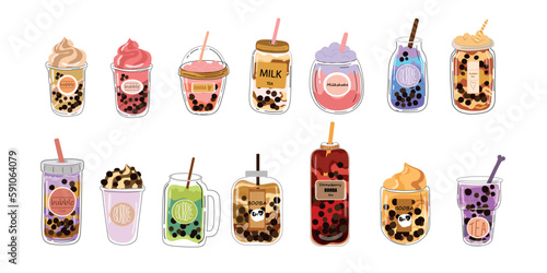 Bubble tea. Popular taiwanese pearl milk tea with balls, bubble asian tea, soft drinks in plastic cups trendy dessert colorful collection. Different taste cocktail with cream set.