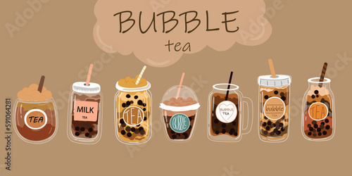 Bubble tea. Popular taiwanese pearl milk tea with balls, bubble asian tea, soft drinks in plastic cups trendy dessert colorful collection. Different taste cocktail with cream set.