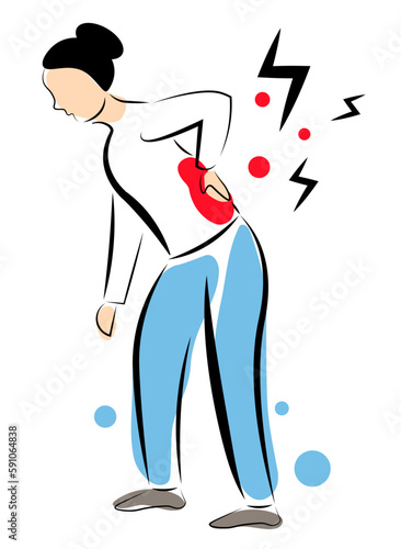 The woman has back pain. Lower back pain