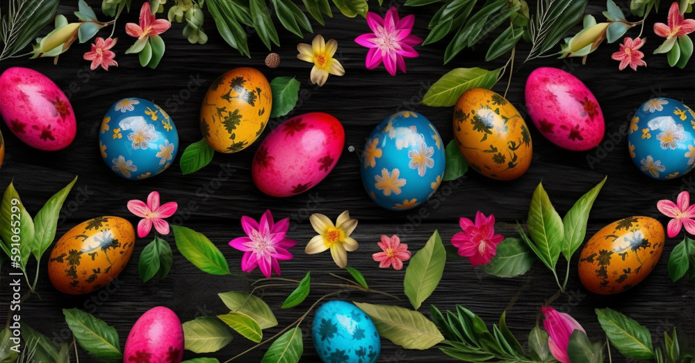 easter background, egg pattern, spring leaves and flowers, generative ai easter background, egg pattern, spring leaves and flowers, generative ai