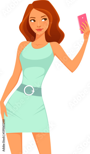 Attractive brunette in bright green dress, posing and taking a selfie. Cartoon character. Isolated on white. Lifestyle illustration.