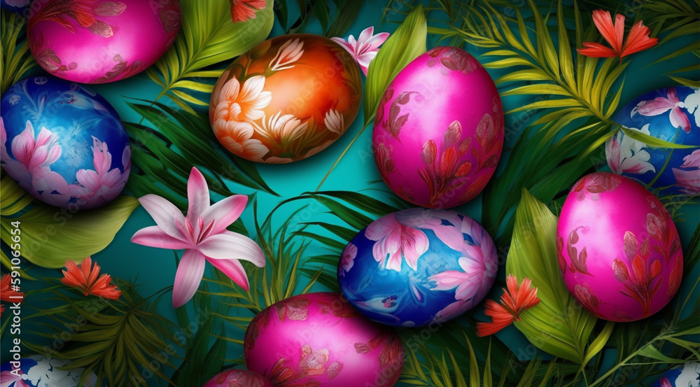 Fototapeta premium easter background, egg pattern, spring leaves and flowers, generative ai
