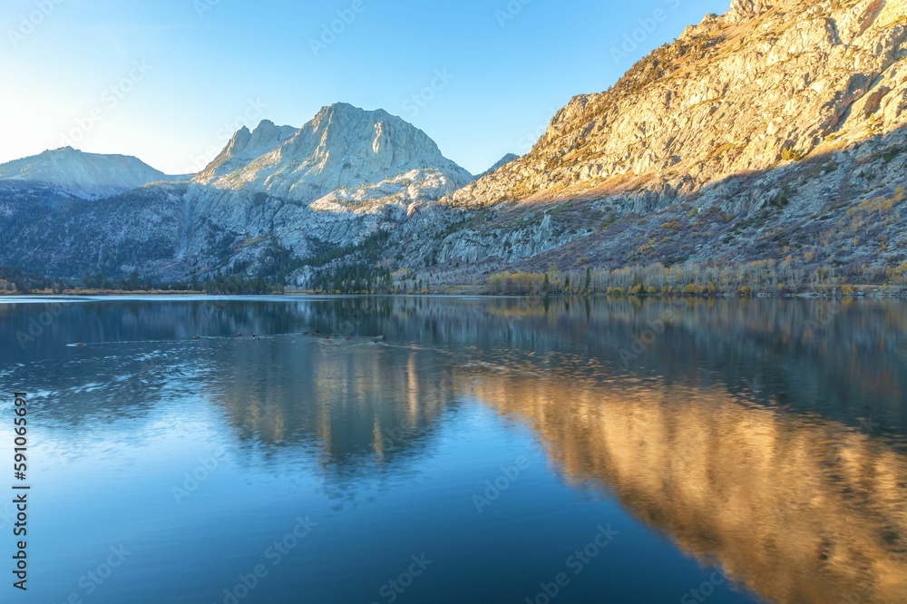 Scenic shot of Silver Lake at sunrise, June Lake, California, USA