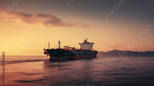Low angle view on huge fuel tanker ship in the sea on sunset. Generative AI © AngrySun