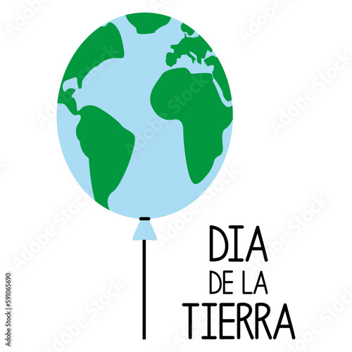 Logo con mapa de la tierra con forma de balón inflado con cordel con letras palabra Día de la Tierra en texto en español