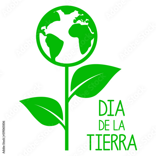 Logo con mapa de la tierra con forma de planta con hojas con letras palabra Día de la Tierra en texto en español
