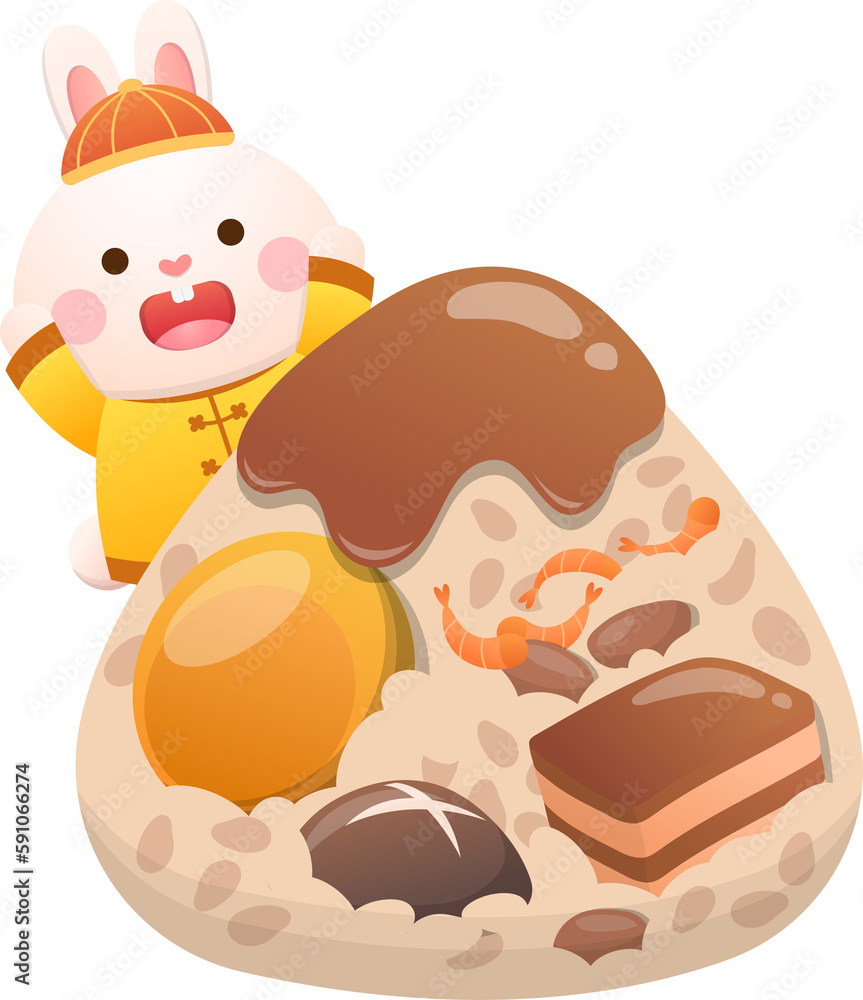Cute rabbit and Chinese Dragon Boat Festival traditional food Zongzi, glutinous rice food wrapped in bamboo leaves Cute rabbit and Chinese Dragon Boat Festival traditional food Zongzi, glutinous rice food wrapped in bamboo leaves