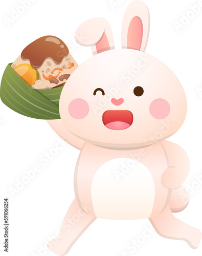 Cute rabbit and Chinese Dragon Boat Festival traditional food Zongzi  glutinous rice food wrapped in bamboo leaves