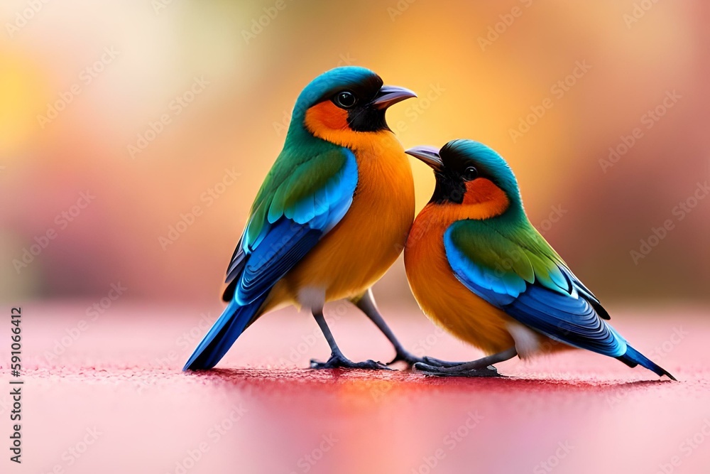 Fototapeta premium Moment of tenderness between a pair of birds,Two birds in love, Generative AI