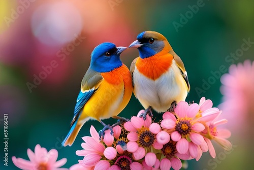 Fotografia Moment of tenderness between a pair of birds,Two birds in love on a flowering br