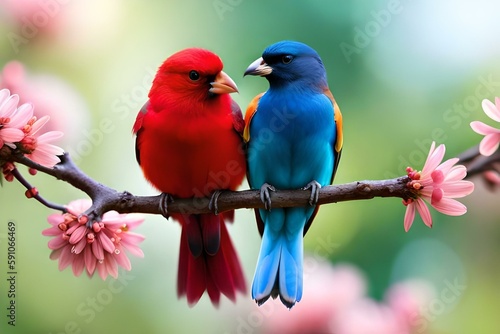 Moment of tenderness between a pair of birds,Two birds in love on a flowering branch (robins), Generative AI