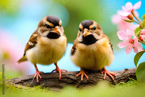 Moment of tenderness between a pair of birds,Two birds in love on a flowering branch (robins), Generative AI