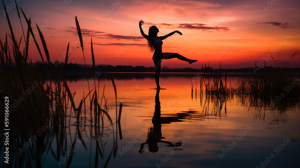 Silhouette of woman doing yoga poses at sunset on a lake, the sky burning - Generative AI