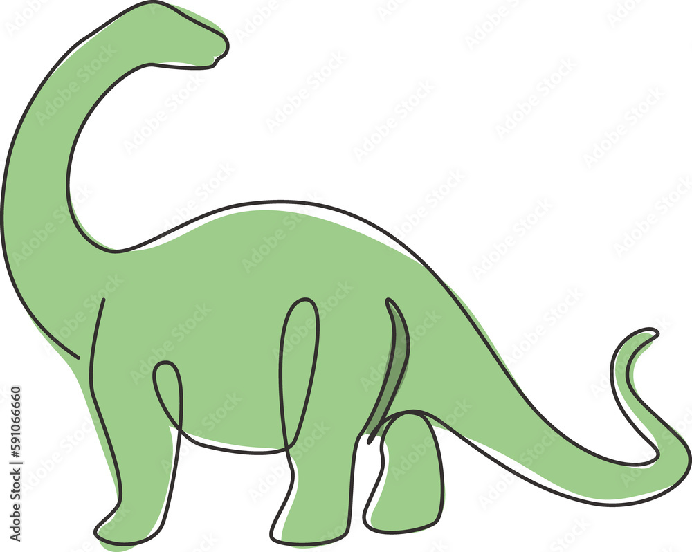 Fototapeta premium Single continuous line drawing of animal for logo identity. Prehistoric animal mascot concept for dinosaurs theme amusement park icon. Trendy one line draw design graphic vector illustration