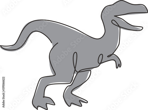 One continuous line drawing of aggressive raptor animal for logo identity. Dinosaurs mascot concept for prehistoric museum icon. Dynamic single line draw design vector graphic illustration