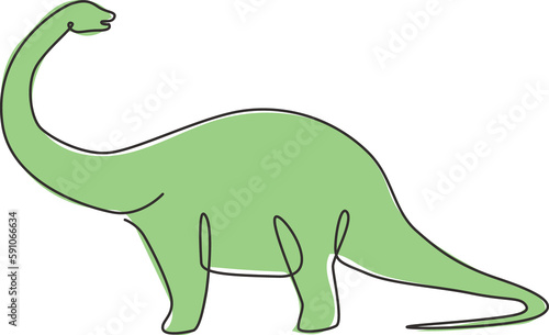 One continuous line drawing of giant brontosaurus prehistory animal with long neck for logo identity. Dinosaurs mascot concept for prehistoric museum icon. Single line draw design vector illustration