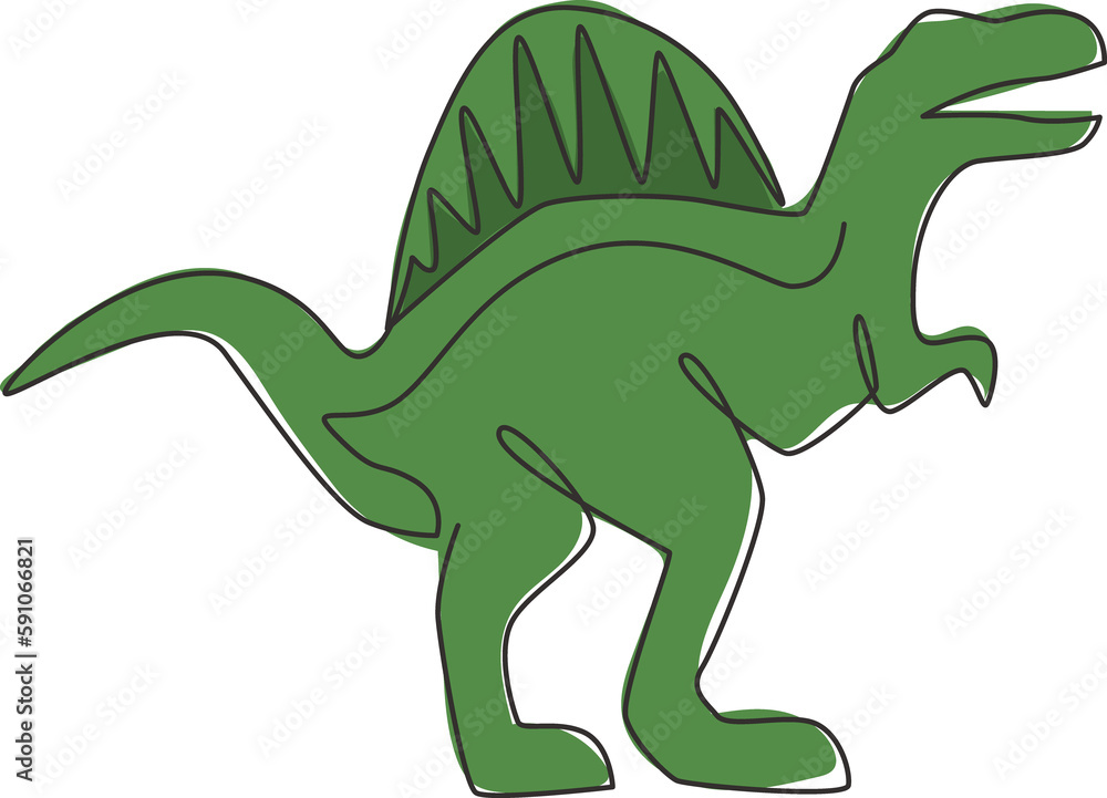 Fototapeta premium One single line drawing of wild spinosaurus for logo identity. Dino animal mascot concept for prehistoric theme park icon. Dynamic continuous line draw design graphic vector illustration