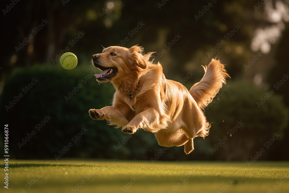 Golden retriever dog jumping happily in the air catching a ball Generative AI Stock Illustration Adobe Stock