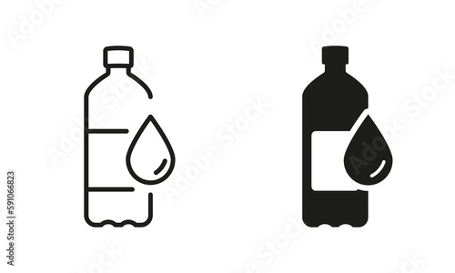 Water Bottle Silhouette and Line Icon Set. Plastic Bottle for Beverages, Mineral Water, Juice, Soda Black Sign. Recycle Bottle Symbol Collection. Isolated Vector Illustration