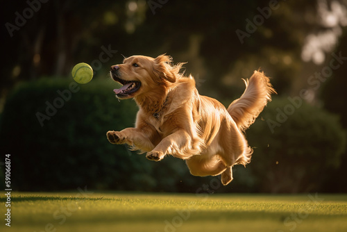 Golden retriever dog jumping happily in the air catching a ball - Generative AI