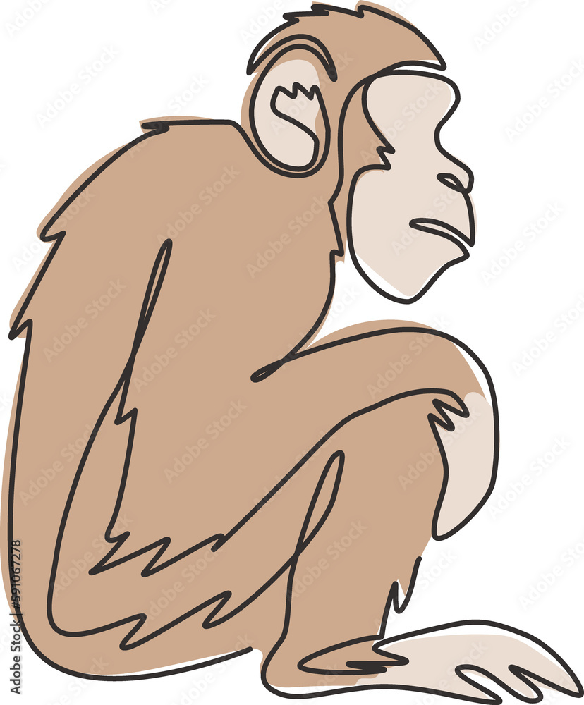 One single line drawing of cute sitting chimpanzee for company business logo identity. Adorable primate chimp animal mascot concept for corporate icon. Continuous line draw design vector illustration One single line drawing of cute sitting chimpanzee for company business logo identity. Adorable primate chimp animal mascot concept for corporate icon. Continuous line draw design vector illustration