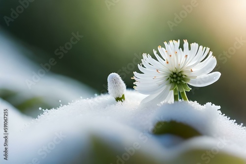 Blooming flowers under snow, Generative AI