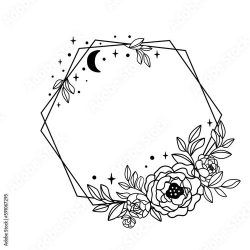 Line art celestial frame with floral bouquet, stars moon. Outline black geometric frame decorated leaves. Vector botanical graphic element. Esoteric linear illustration for wedding card, invitations.