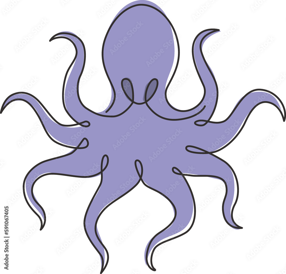 One continuous line drawing of mysterious octopus for seafood restaurant logo identity. Ocean animal mascot concept for Japanese sushi fast food icon. Single line draw design vector illustration One continuous line drawing of mysterious octopus for seafood restaurant logo identity. Ocean animal mascot concept for Japanese sushi fast food icon. Single line draw design vector illustration
