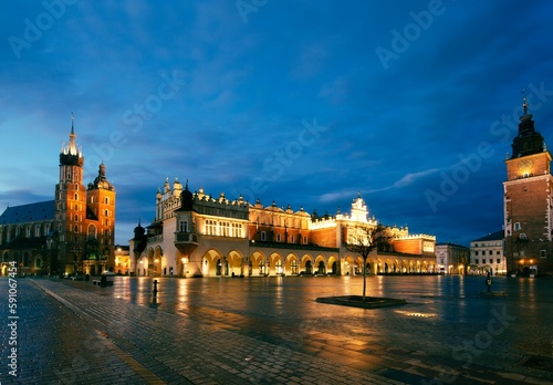 St. Mary's Church in the evening with a city in the background, in Krakow, Poland