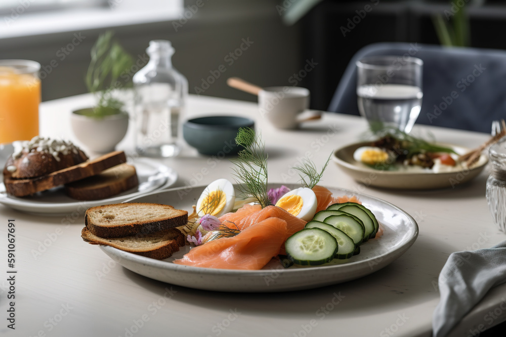 A traditional, Scandinavian breakfast spread, with an array of smoked salmon, pickled herring, crispbreads, and sliced cucumbers, served on a sleek. Generative AI.