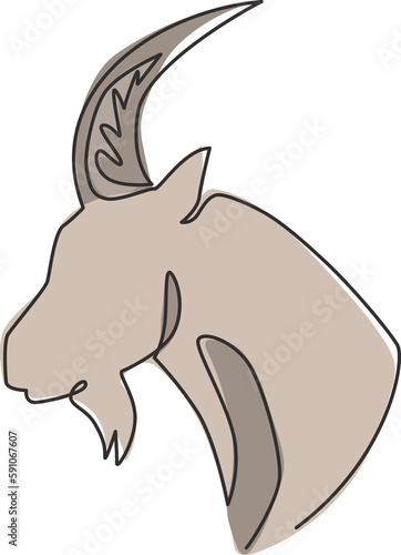 Single continuous line drawing of strong tough goat head for business logo identity. Lamb mascot emblem concept for ranch icon. Dynamic one line draw design vector illustration graphic