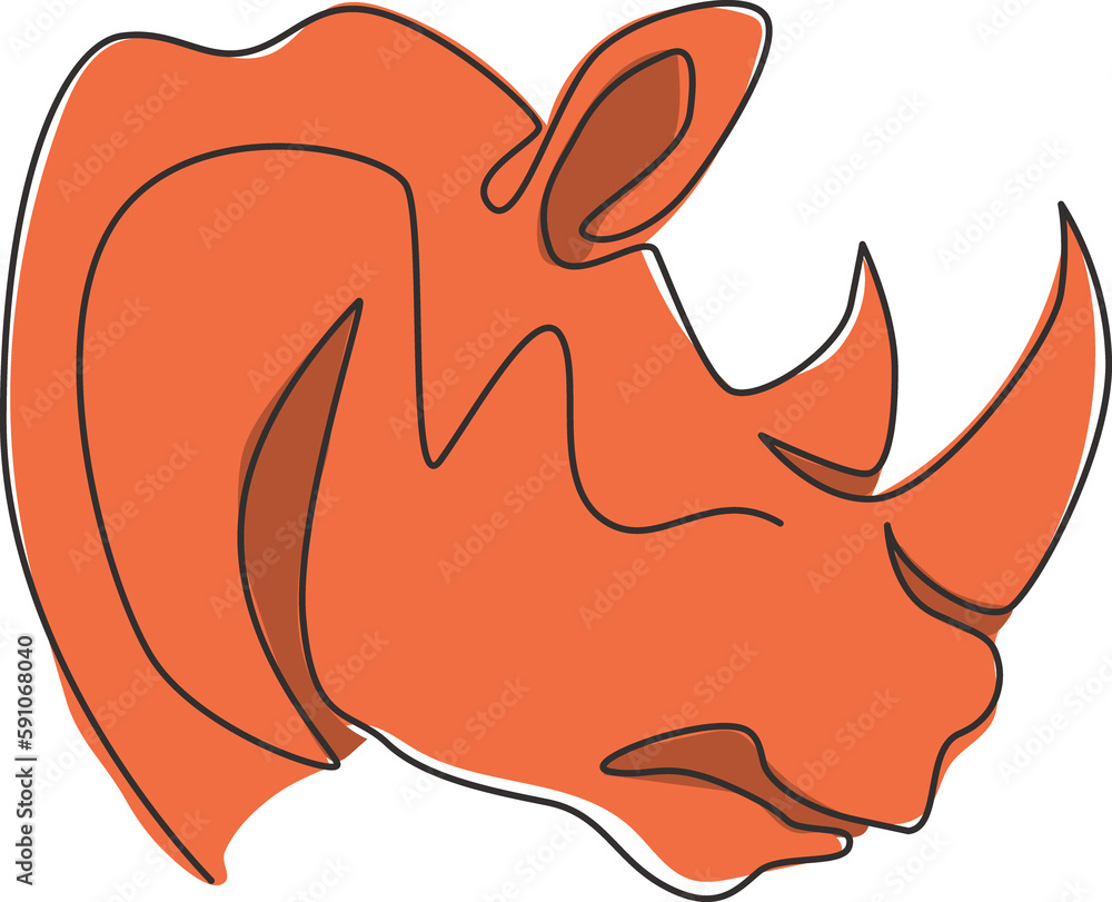One single line drawing of strong rhinoceros head for conservation national park logo identity. African rhino animal mascot concept for national zoo safari. Continuous line draw design illustration