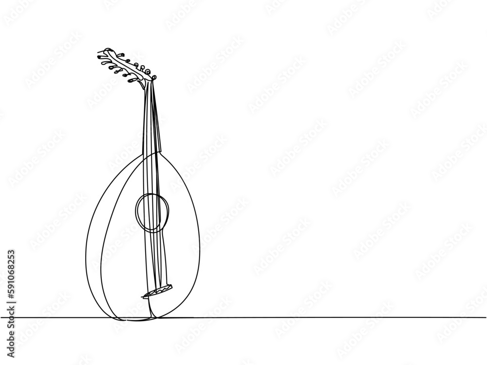 Lute one line art. Continuous line drawing of music, instrument, folk
