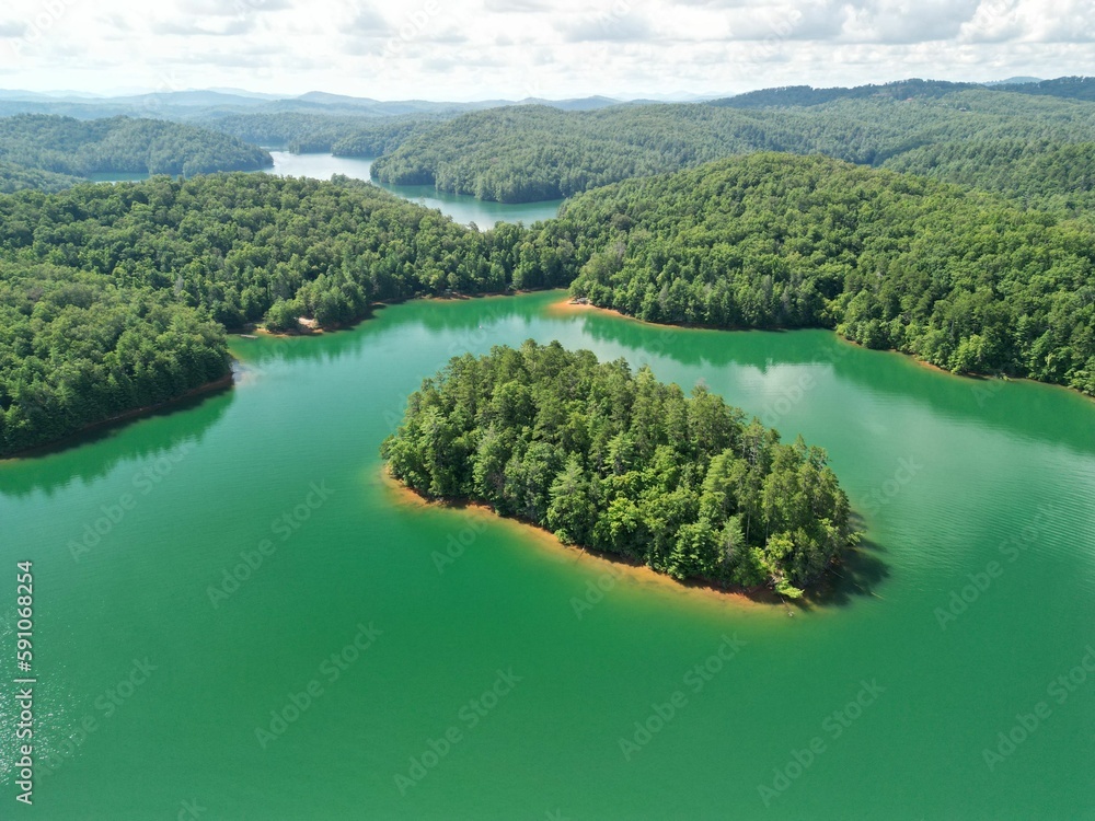 Aerial of Hiwassee island on a sunny day