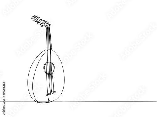 Lute one line art. Continuous line drawing of music, instrument, folk, musical, culture, acoustic, ethnic, kobza, traditional, mandolin, string