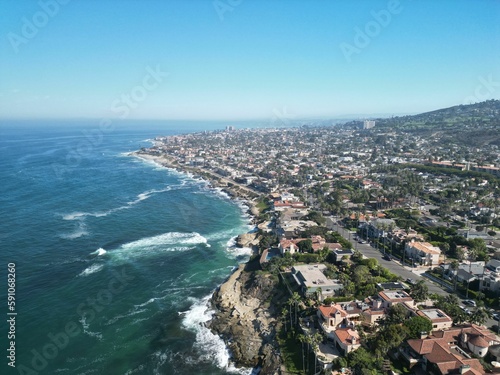 High-angle aerial view of Santa Barbara city, the coastline and the sea in California