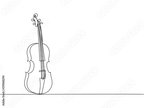 Violin one line art. Continuous line drawing of musical, melody, violin, vintage, music, retro, symphonic, orchestra, playing, instrument, fiddle, viola, symphony, cello, musician, string.