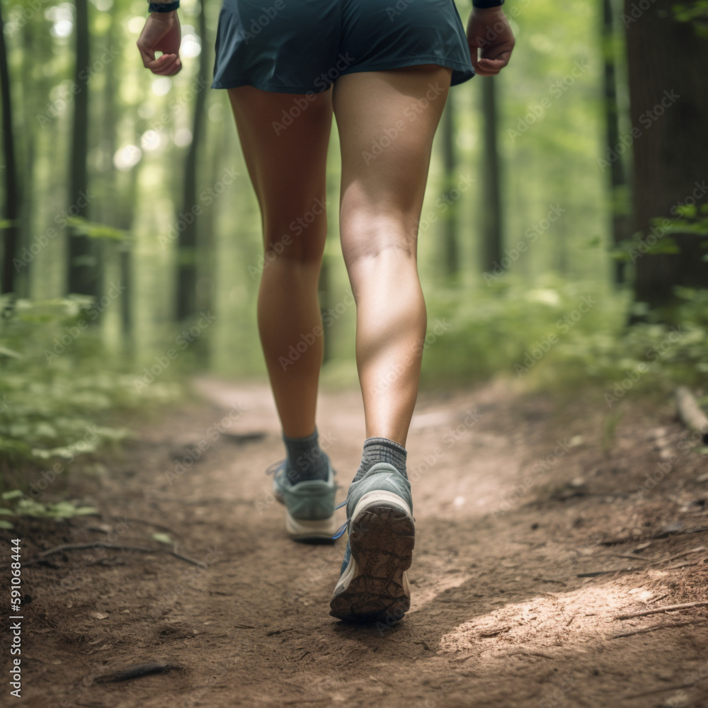 Lady trail runner on forest path with close up of legs, generative AI Lady trail runner on forest path with close up of legs, generative AI