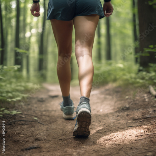 Lady trail runner on forest path with close up of legs, generative AI  © Dmytro