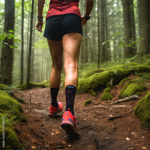 Lady trail runner on forest path with close up of legs, generative AI 