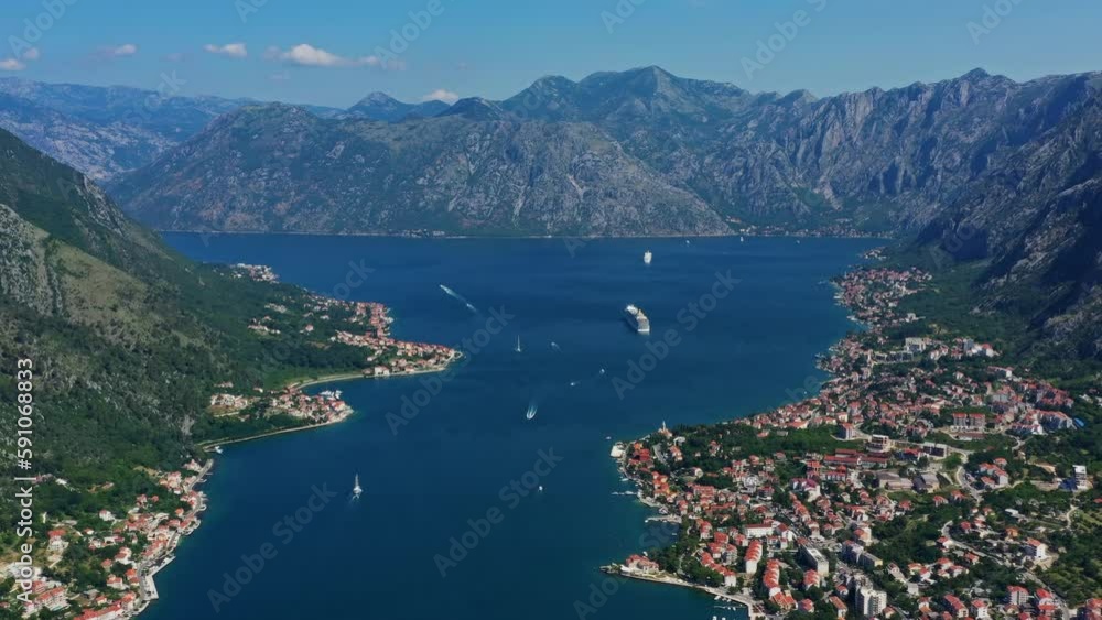 Aerial view of Kotor bay, Kotor town landscape and cruise ships. Montenegro, 4k Aerial view of Kotor bay, Kotor town landscape and cruise ships. Montenegro, 4k