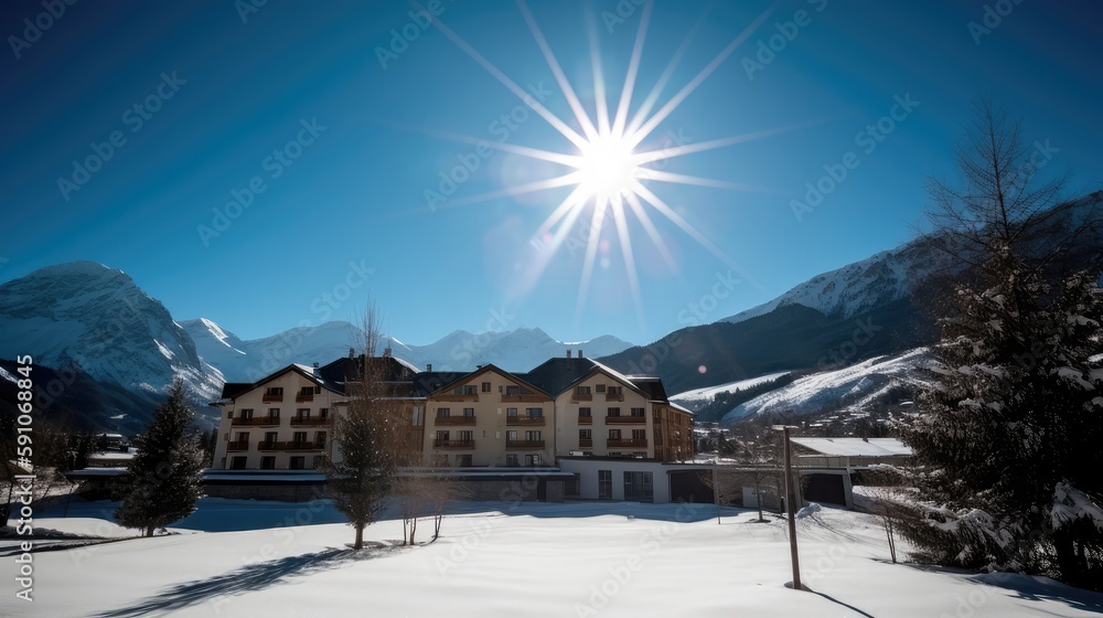 A beautiful holiday resort in the alps. Bright sunlight on the snow  and a beautiful nature. Generative AI image