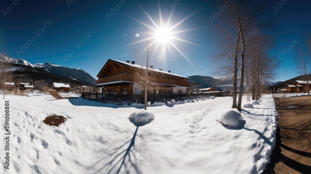 A beautiful holiday resort in the alps. Bright sunlight on the snow  and a beautiful nature. Generative AI image