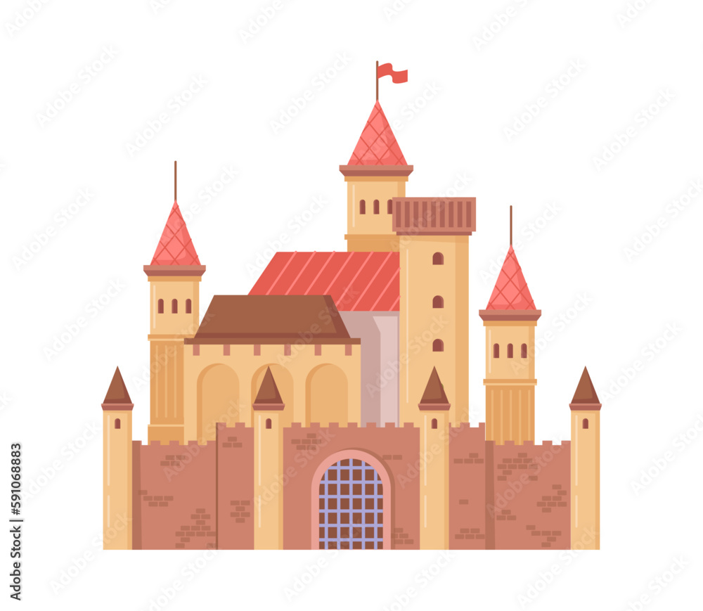 Castle or stronghold, isolated fortification or citadel with flags and towers. Medieval architecture and construction, tourist attraction royal palace. Vector in flat cartoon illustration