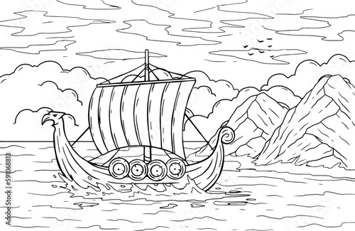 Viking boat at sea. Nordic Drakkar