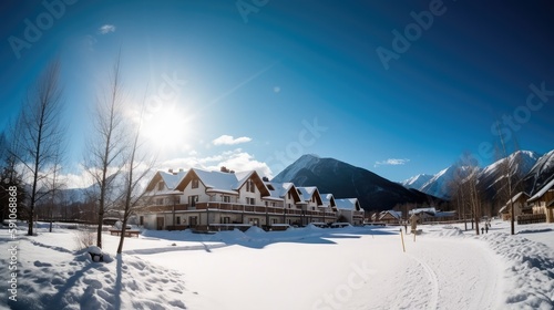A beautiful holiday resort in the alps. Bright sunlight on the snow  and a beautiful nature. Generative AI image © Jan