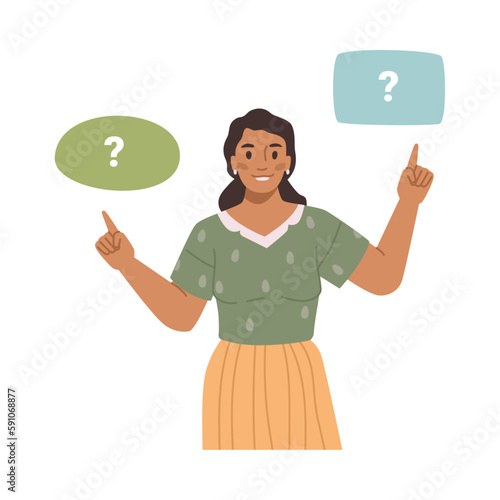 Choice between possible variants or option. Isolated woman making decision, selecting alternative or correct answer. Vector in flat cartoon illustration